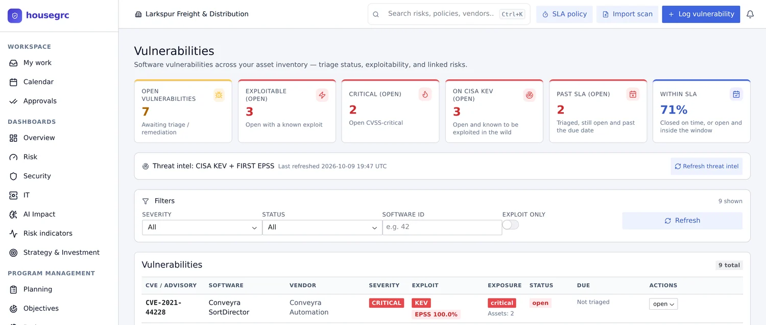The vulnerability register of a sample company: open vulnerabilities with severity, exploitation signals, the affected software and the remediation deadline