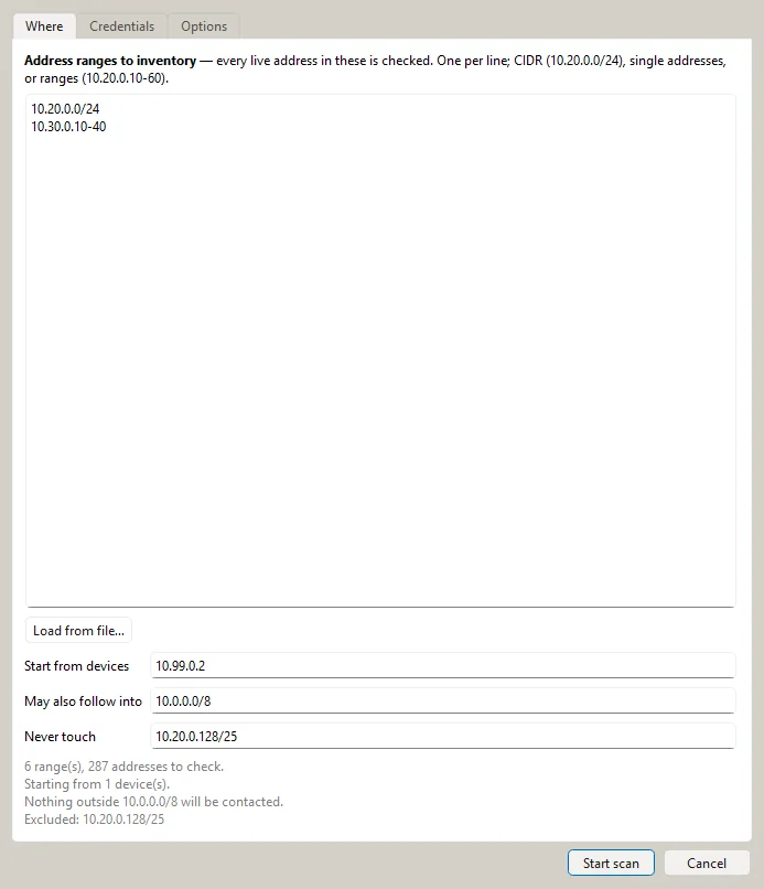 The New scan dialog: target ranges, never-touch ranges, the saved SNMP credentials to try, and the steps to run